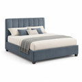 Lit double avec cadre et tete de lit capitonnee en velours polyester bleu gris 160 x 200 cm