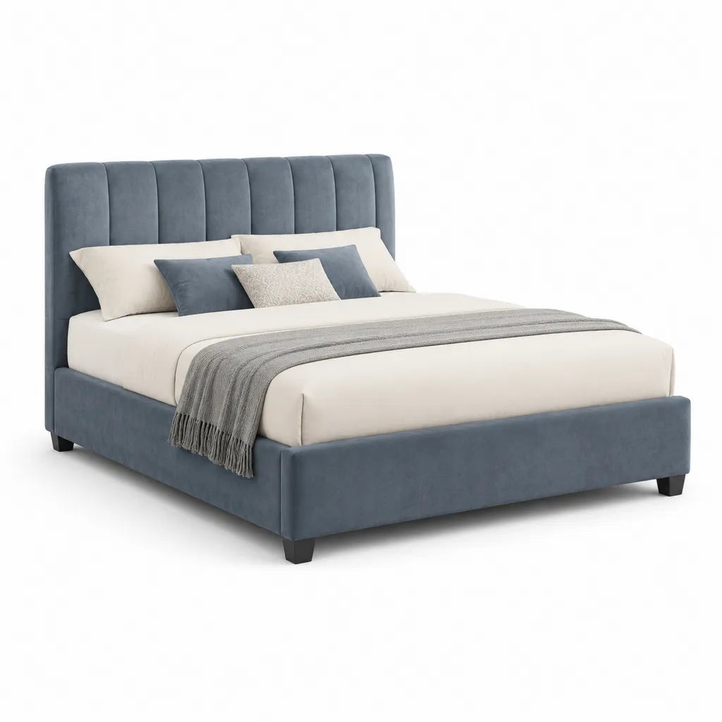 Lit double avec cadre et tete de lit capitonnee en velours polyester bleu gris 160 x 200 cm