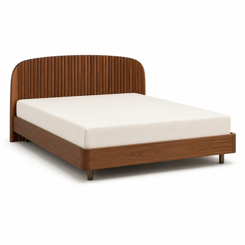 Cadre de lit double 160 x 200 cm en MDF plaque noyer tete de lit arrondie marron