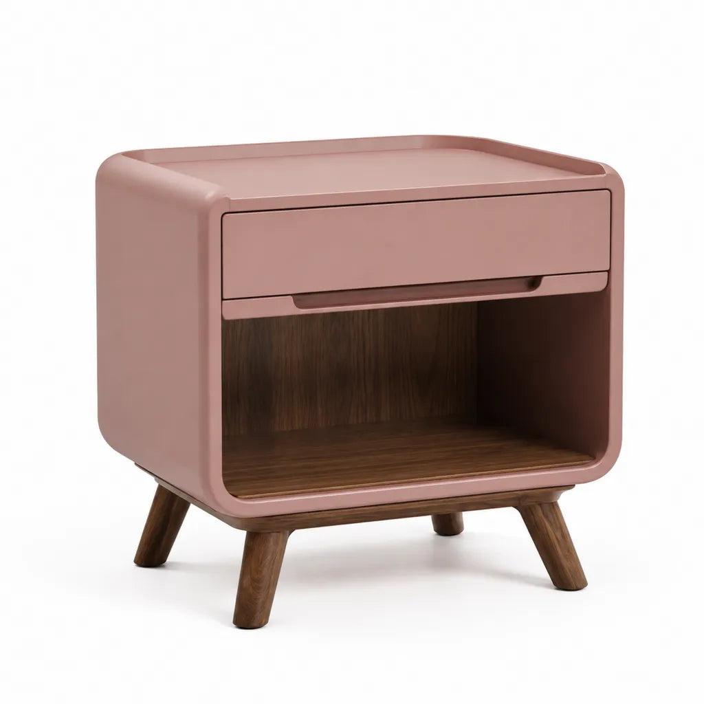 Table de chevet 45 x 35 x 55 cm en MDF et bois massif rose et noyer a angles arrondis avec tiroir