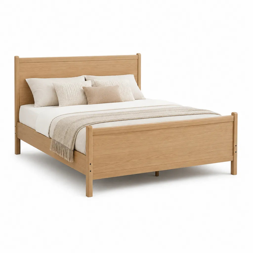 Cadre de lit double 160 x 200 cm en bois massif d'hevea chene clair avec tete et pied de lit rectangulaires
