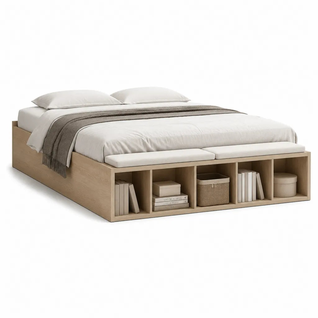 Cadre de lit 160 x 200 cm avec rangement en panneaux MDF decor chene clair