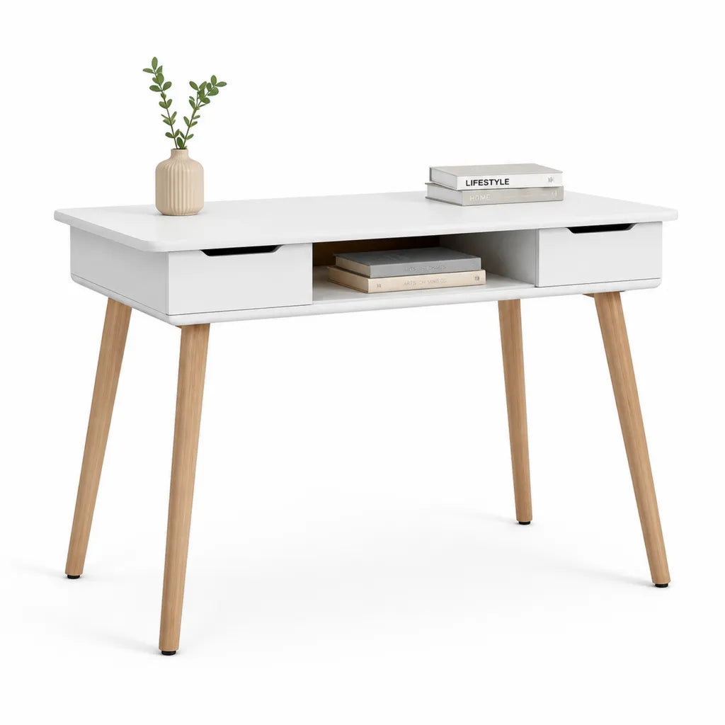 Bureau informatique rectangulaire 100 x 50 x 75 cm en panneaux de particules et bois d'hevea blanc et naturel avec 2 tiroirs