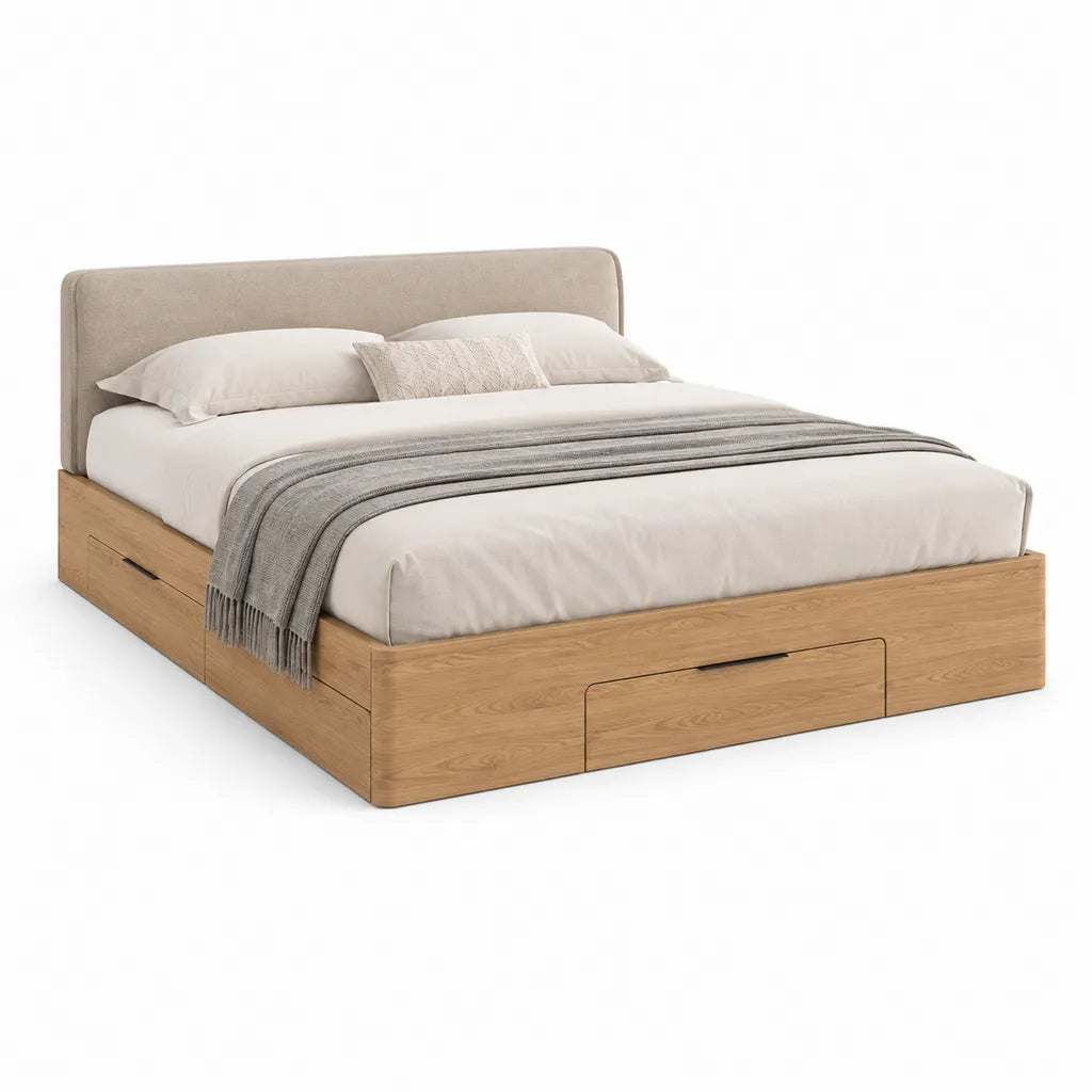Lit double avec rangement 160 x 200 cm rectangulaire decor chene et tete de lit beige en polyester