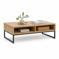 Table basse rectangulaire 100 x 50 x 45 cm en panneaux de particules decor chene avec pietement en acier noir