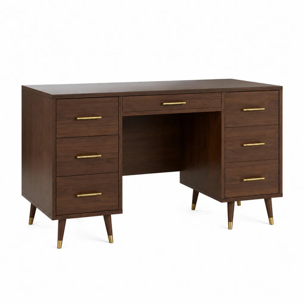 Bureau droit 152 x 61 x 76 cm en MDF plaque noyer rectangulaire marron avec 7 tiroirs