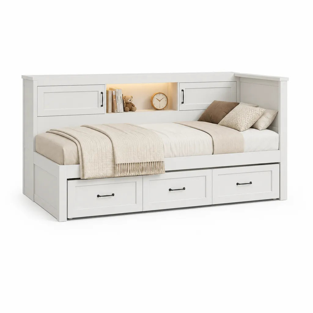 Lit simple avec rangement rectangulaire 90 x 190 cm en panneaux MDF et panneaux de particules blanc 218 x 104 x 107 cm
